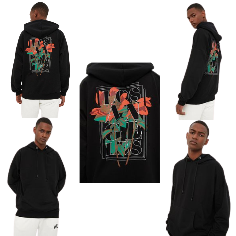 Floral Printed Oversize Hooded Black Sweatshirt Hoodie - Cap On