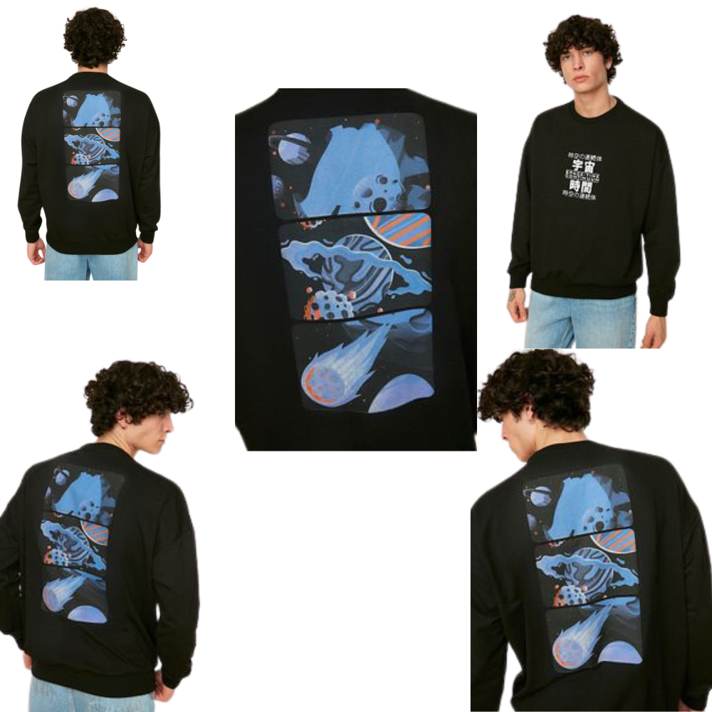 Oversize Printed Black SWeatshirt - Hoodie - Cap On